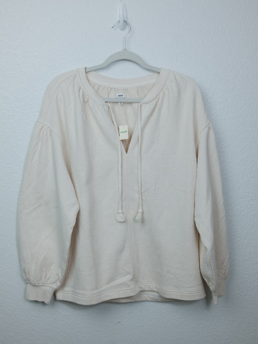 Aerie Terry Cotton Drawstring Blouse Ivory Long Sleeve XXS V-Neck oversized
